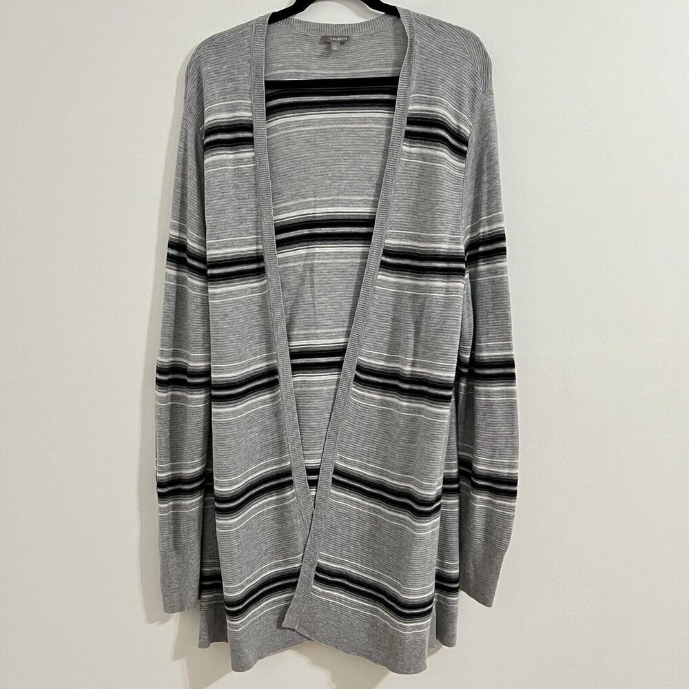 Talbots Duster Open Cardigan Size XL Gray Striped Long Sweater Elbow Pad Academy